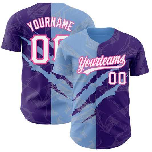 Custom Graffiti Pattern Purple Light Blue-Pink 3D Scratch Authentic Baseball Jersey - Sky-Custom