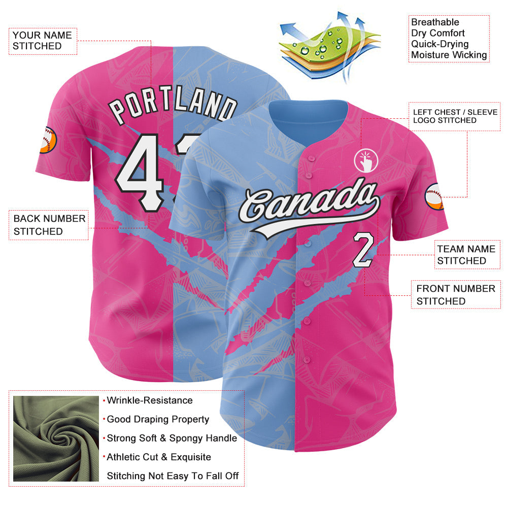 Custom Graffiti Pattern Pink Light Blue-Black 3D Scratch Authentic Baseball Jersey - Sky-Custom