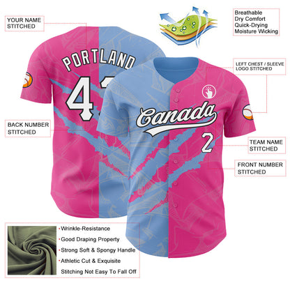 Custom Graffiti Pattern Pink Light Blue-Black 3D Scratch Authentic Baseball Jersey - Sky-Custom
