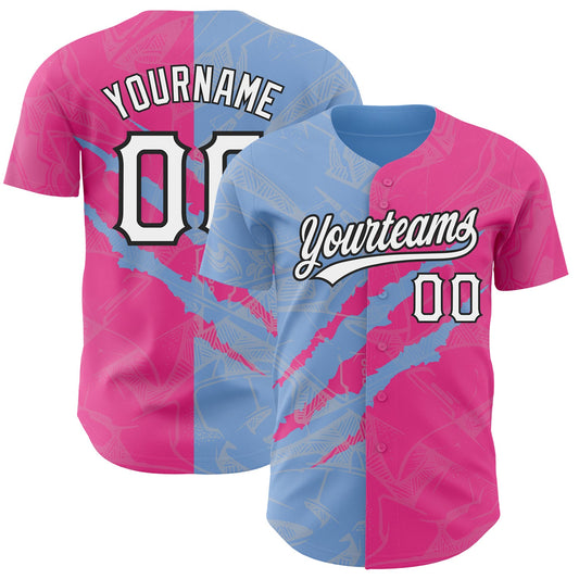 Custom Graffiti Pattern Pink Light Blue-Black 3D Scratch Authentic Baseball Jersey - Sky-Custom