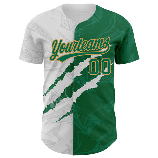 Custom Graffiti Pattern Kelly Green-Old Gold 3D Scratch Authentic Baseball Jersey - Sky-Custom