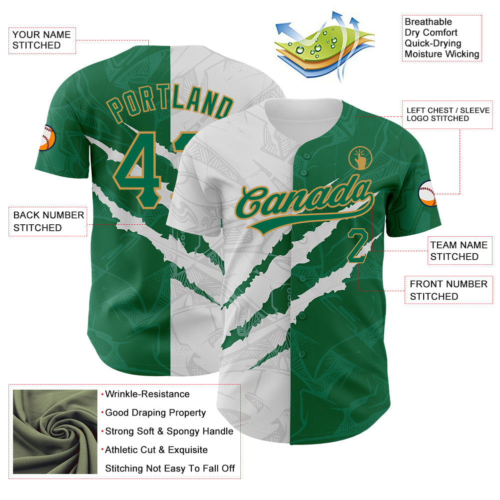 Custom Graffiti Pattern Kelly Green-Old Gold 3D Scratch Authentic Baseball Jersey - Sky-Custom