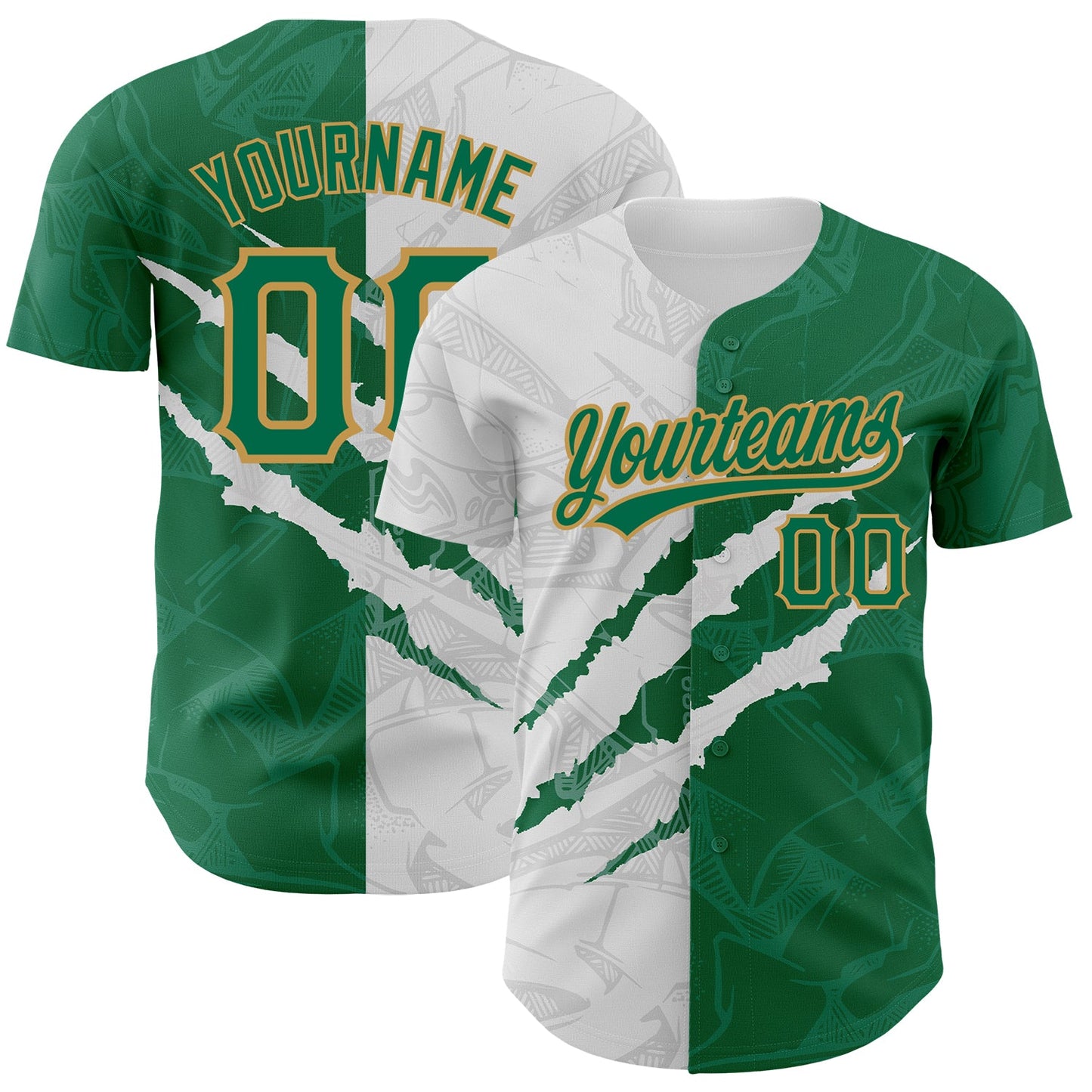 Custom Graffiti Pattern Kelly Green-Old Gold 3D Scratch Authentic Baseball Jersey - Sky-Custom