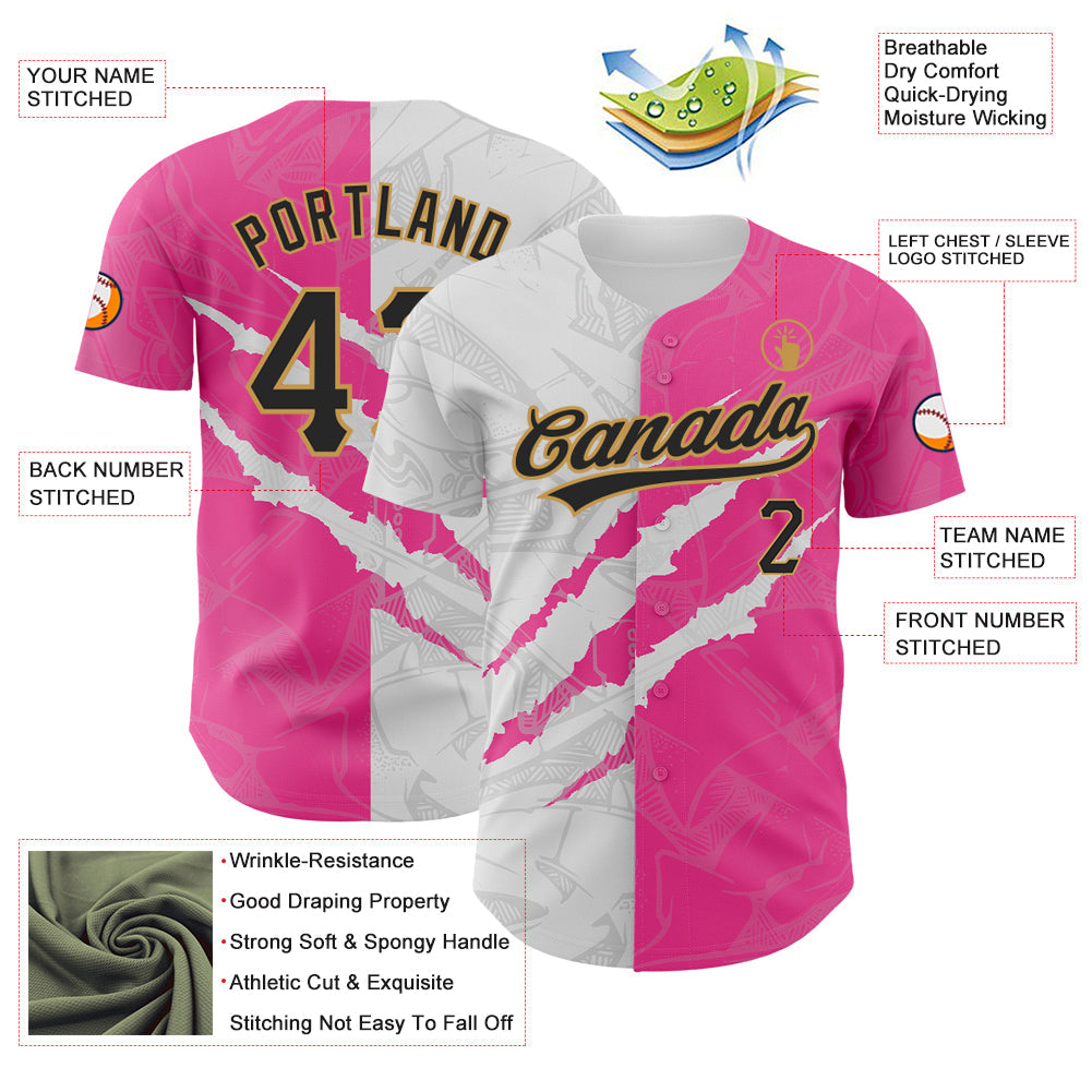 Custom Graffiti Pattern Black Pink-Old Gold 3D Scratch Authentic Baseball Jersey - Sky-Custom