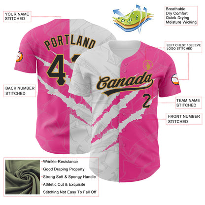 Custom Graffiti Pattern Black Pink-Old Gold 3D Scratch Authentic Baseball Jersey - Sky-Custom