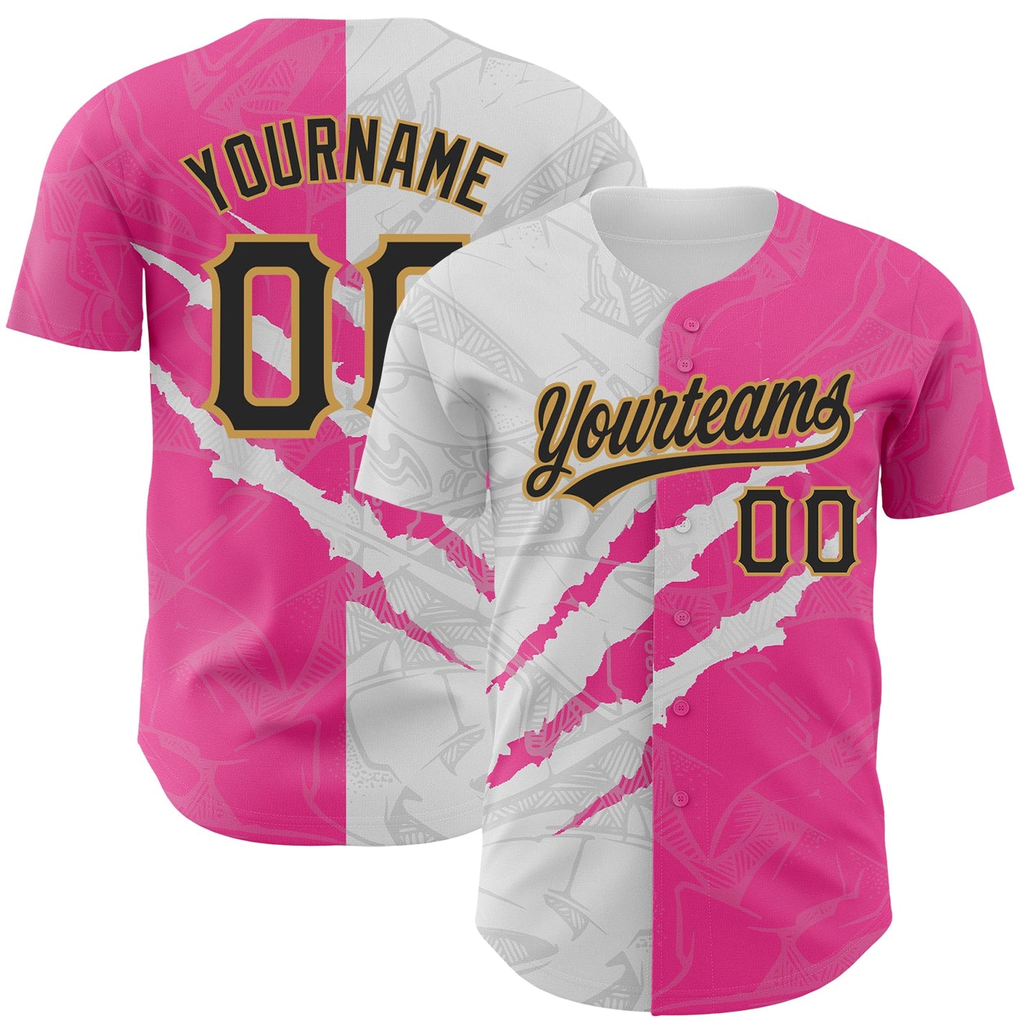 Custom Graffiti Pattern Black Pink-Old Gold 3D Scratch Authentic Baseball Jersey - Sky-Custom
