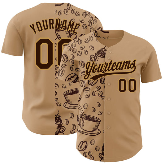Custom Brown Old Gold 3D Pattern Design International Coffee Day Authentic Baseball Jersey - Sky-Custom