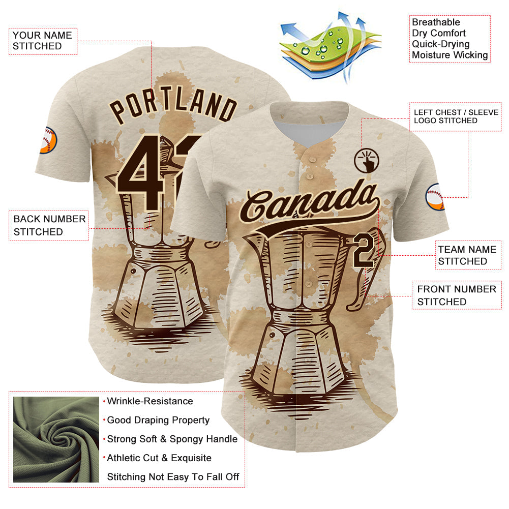 Custom Cream Brown 3D Pattern Design Vintage Coffee Maker Authentic Baseball Jersey - Sky-Custom