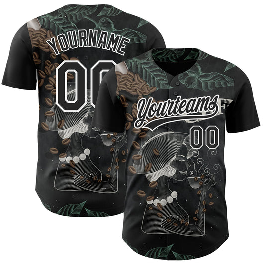 Custom Black White 3D Pattern Design International Coffee Day Authentic Baseball Jersey - Sky-Custom