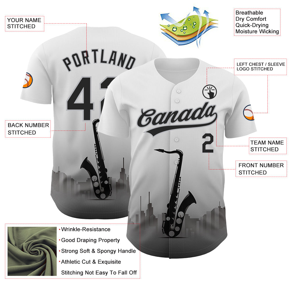Custom White Black-Gray 3D Pattern Design City Of Jazz Music Authentic Baseball Jersey - Sky-Custom