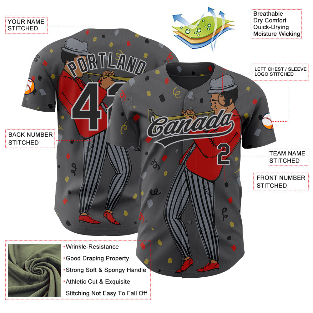 Custom Steel Gray Black-Gray 3D Pattern Jazz Music Authentic Baseball Jersey - Sky-Custom