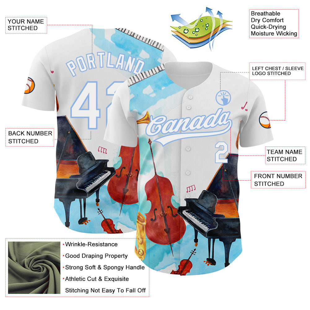 Custom White Light Blue 3D Pattern Design Music Festival Authentic Baseball Jersey - Sky-Custom