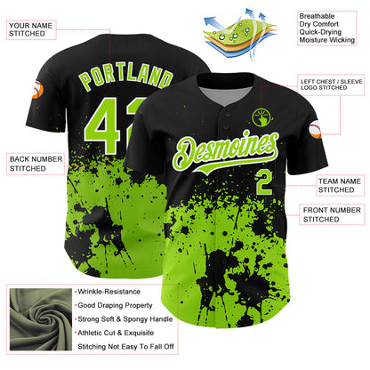Custom Black Neon Green-White 3D Pattern Design Abstract Splash Grunge Art Authentic Baseball Jersey - Sky-Custom
