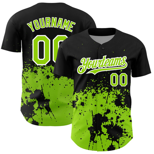 Custom Black Neon Green-White 3D Pattern Design Abstract Splash Grunge Art Authentic Baseball Jersey - Sky-Custom