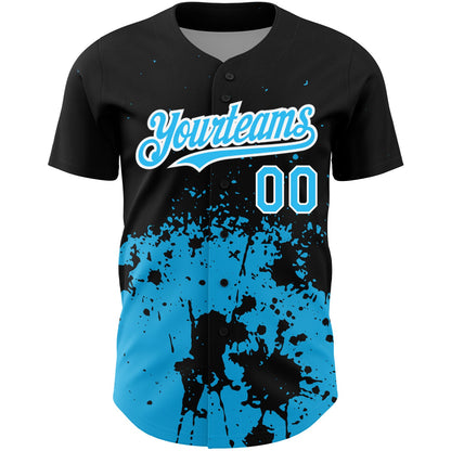 Custom Black Sky Blue-White 3D Pattern Design Abstract Splash Grunge Art Authentic Baseball Jersey - Sky-Custom