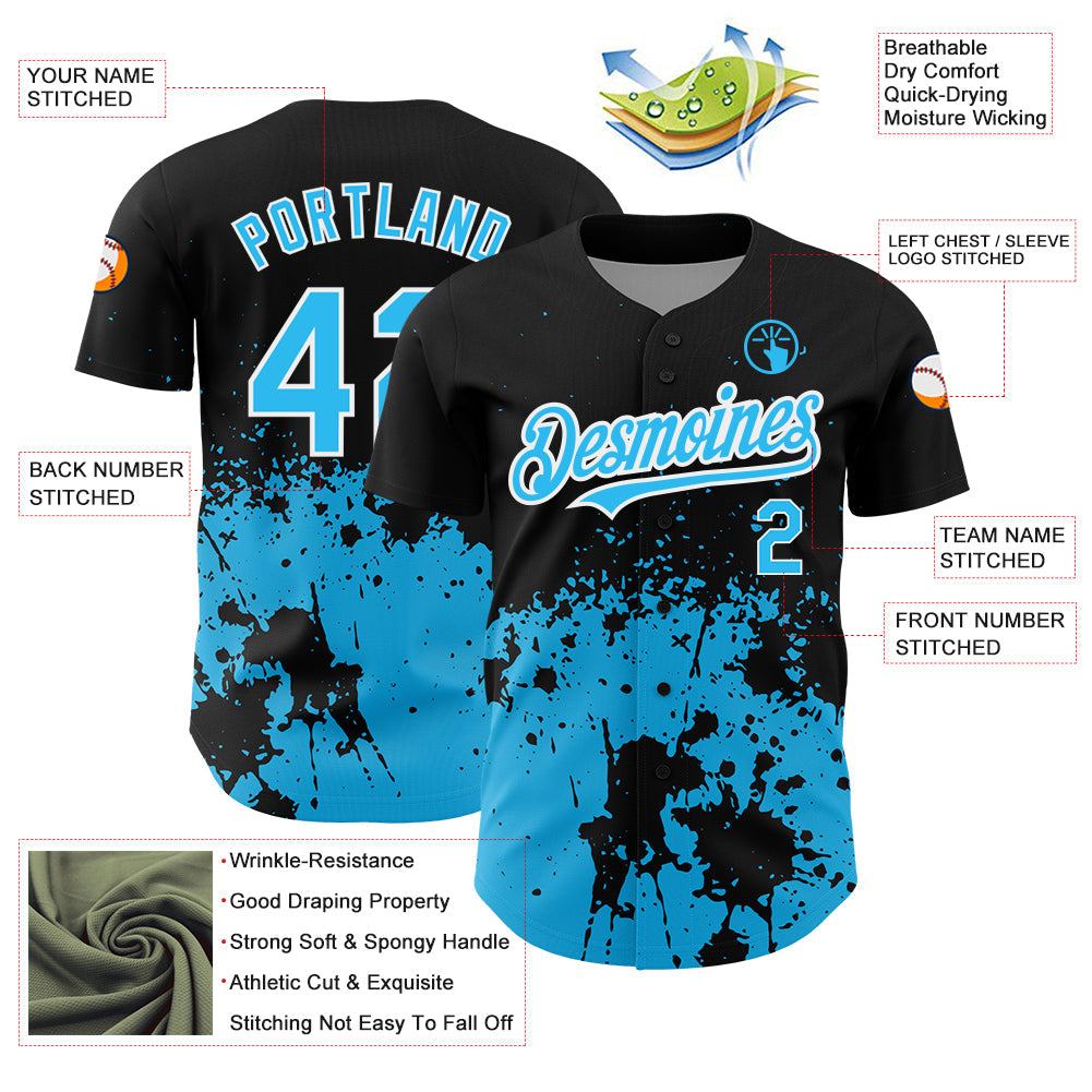 Custom Black Sky Blue-White 3D Pattern Design Abstract Splash Grunge Art Authentic Baseball Jersey - Sky-Custom