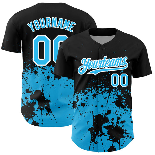 Custom Black Sky Blue-White 3D Pattern Design Abstract Splash Grunge Art Authentic Baseball Jersey - Sky-Custom