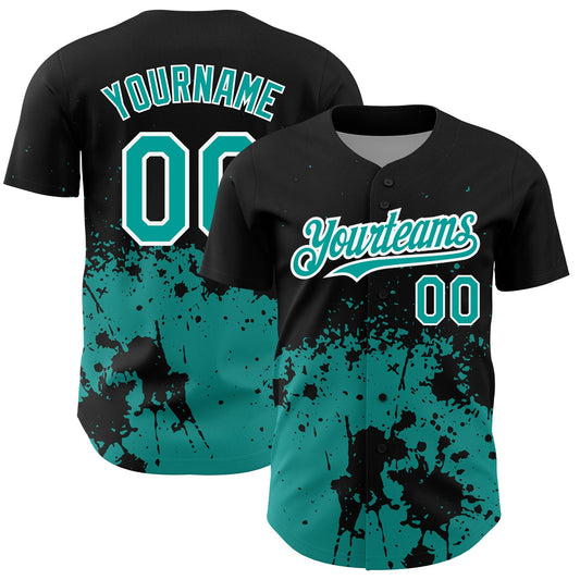 Custom Black Teal-White 3D Pattern Design Abstract Splash Grunge Art Authentic Baseball Jersey - Sky-Custom