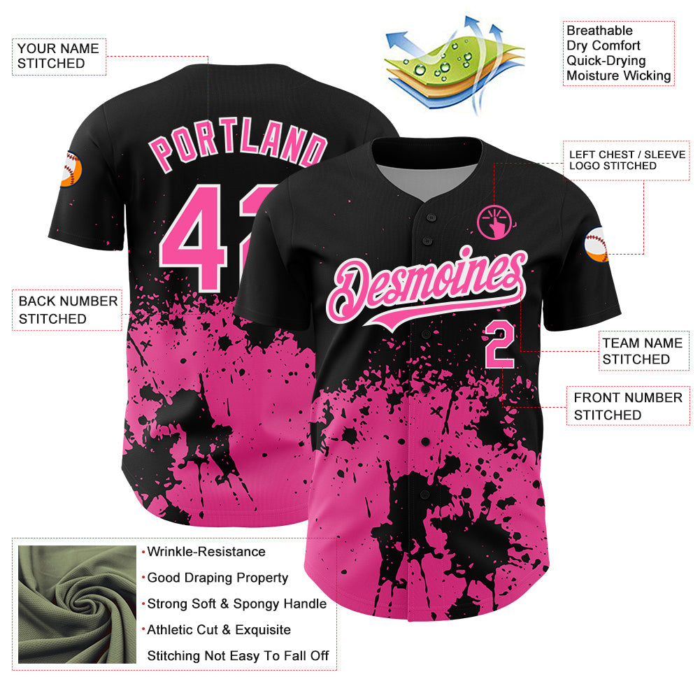 Custom Black Pink-White 3D Pattern Design Abstract Splash Grunge Art Authentic Baseball Jersey - Sky-Custom