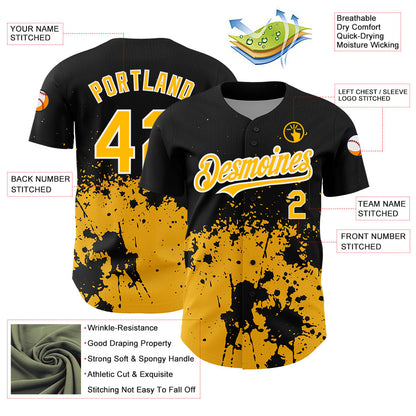 Custom Black Gold-White 3D Pattern Design Abstract Splash Grunge Art Authentic Baseball Jersey - Sky-Custom
