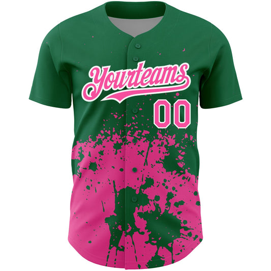 Custom Kelly Green Pink-White 3D Pattern Design Abstract Splash Grunge Art Authentic Baseball Jersey - Sky-Custom
