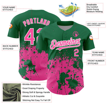 Custom Kelly Green Pink-White 3D Pattern Design Abstract Splash Grunge Art Authentic Baseball Jersey - Sky-Custom