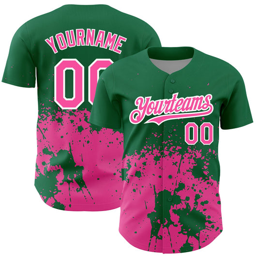 Custom Kelly Green Pink-White 3D Pattern Design Abstract Splash Grunge Art Authentic Baseball Jersey - Sky-Custom