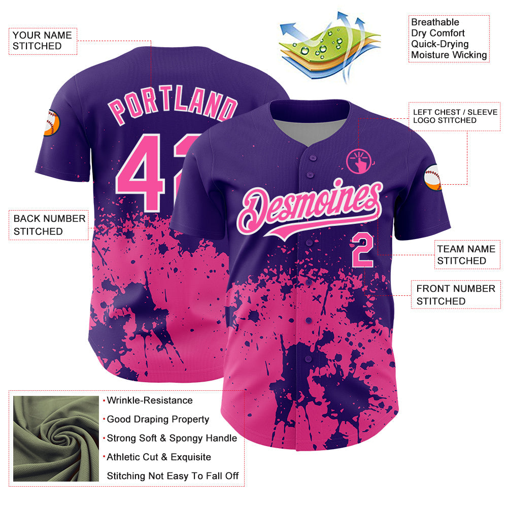 Custom Purple Pink-White 3D Pattern Design Abstract Splash Grunge Art Authentic Baseball Jersey - Sky-Custom