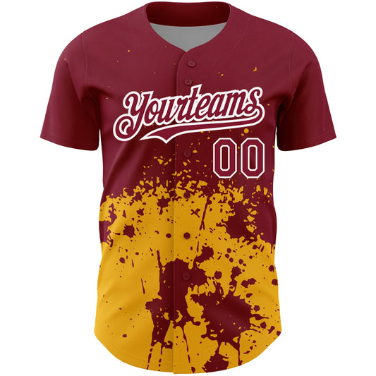 Custom Crimson Gold-White 3D Pattern Design Abstract Splash Grunge Art Authentic Baseball Jersey - Sky-Custom