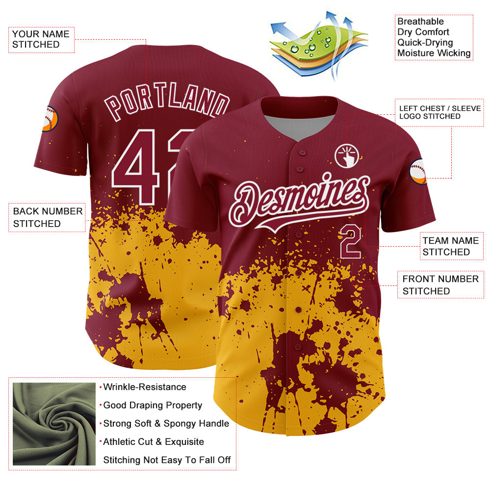 Custom Crimson Gold-White 3D Pattern Design Abstract Splash Grunge Art Authentic Baseball Jersey - Sky-Custom