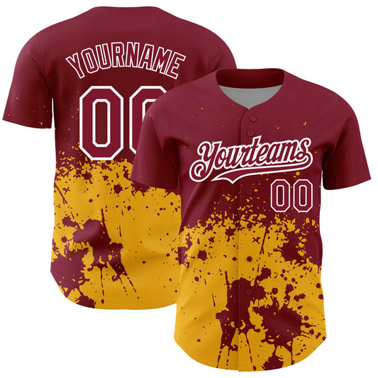 Custom Crimson Gold-White 3D Pattern Design Abstract Splash Grunge Art Authentic Baseball Jersey - Sky-Custom