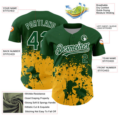 Custom Green Gold-White 3D Pattern Design Abstract Splash Grunge Art Authentic Baseball Jersey - Sky-Custom