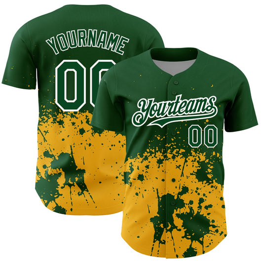 Custom Green Gold-White 3D Pattern Design Abstract Splash Grunge Art Authentic Baseball Jersey - Sky-Custom