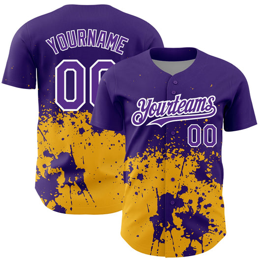 Custom Purple Gold-White 3D Pattern Design Abstract Splash Grunge Art Authentic Baseball Jersey - Sky-Custom