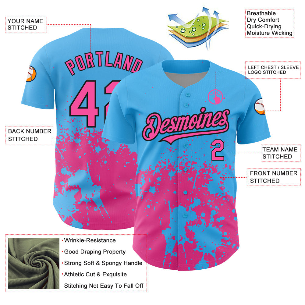 Custom Sky Blue Pink-Black 3D Pattern Design Abstract Splash Grunge Art Authentic Baseball Jersey - Sky-Custom