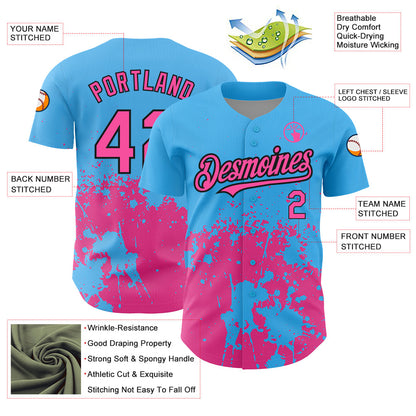 Custom Sky Blue Pink-Black 3D Pattern Design Abstract Splash Grunge Art Authentic Baseball Jersey - Sky-Custom