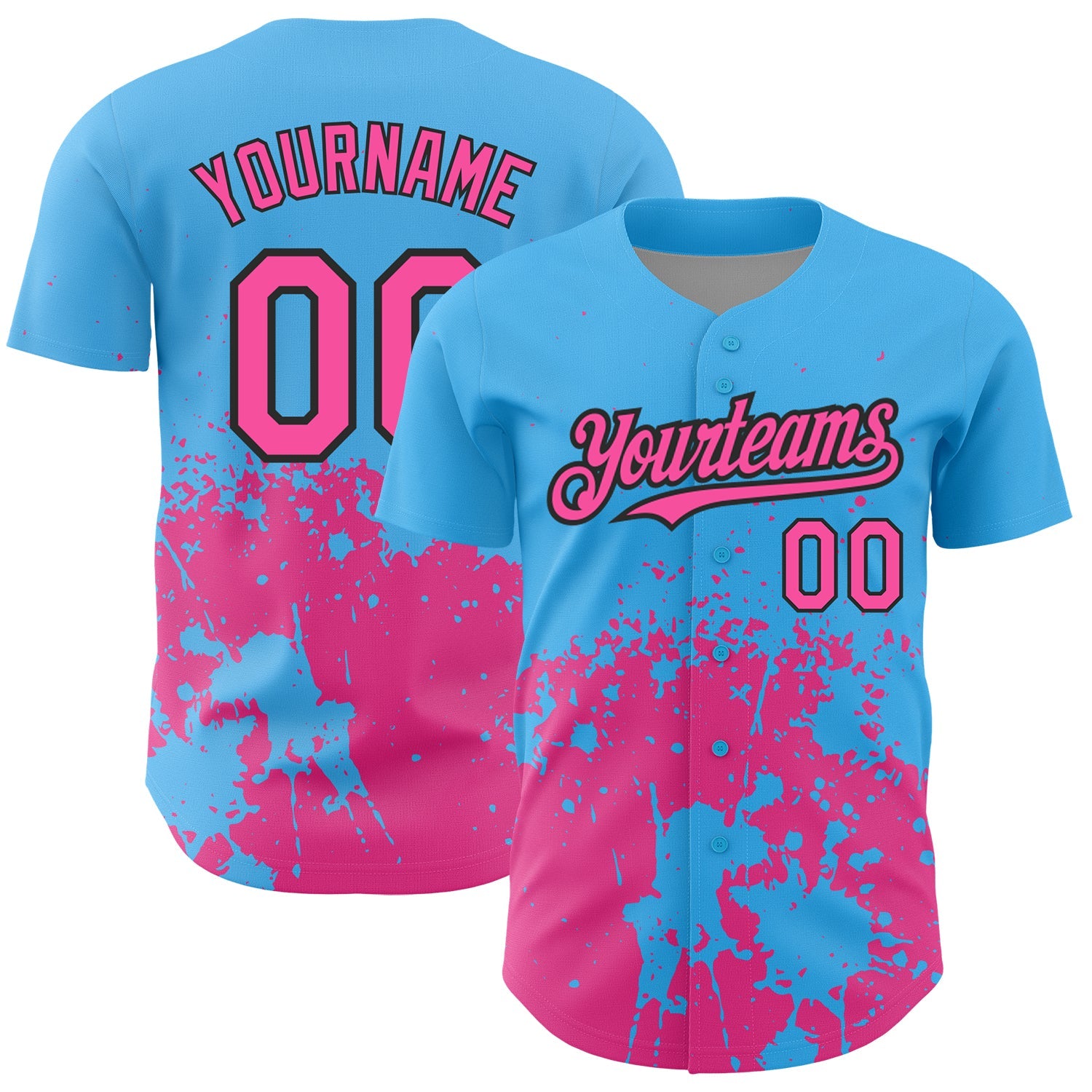 Custom Sky Blue Pink-Black 3D Pattern Design Abstract Splash Grunge Art Authentic Baseball Jersey - Sky-Custom