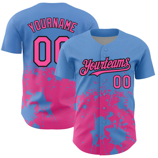 Custom Light Blue Pink-Black 3D Pattern Design Abstract Splash Grunge Art Authentic Baseball Jersey - Sky-Custom