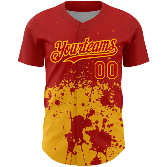 Custom Red Gold 3D Pattern Design Abstract Splash Grunge Art Authentic Baseball Jersey - Sky-Custom
