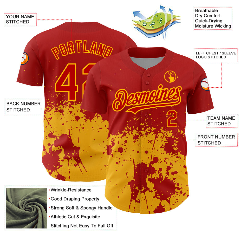 Custom Red Gold 3D Pattern Design Abstract Splash Grunge Art Authentic Baseball Jersey - Sky-Custom