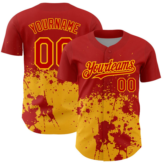 Custom Red Gold 3D Pattern Design Abstract Splash Grunge Art Authentic Baseball Jersey - Sky-Custom