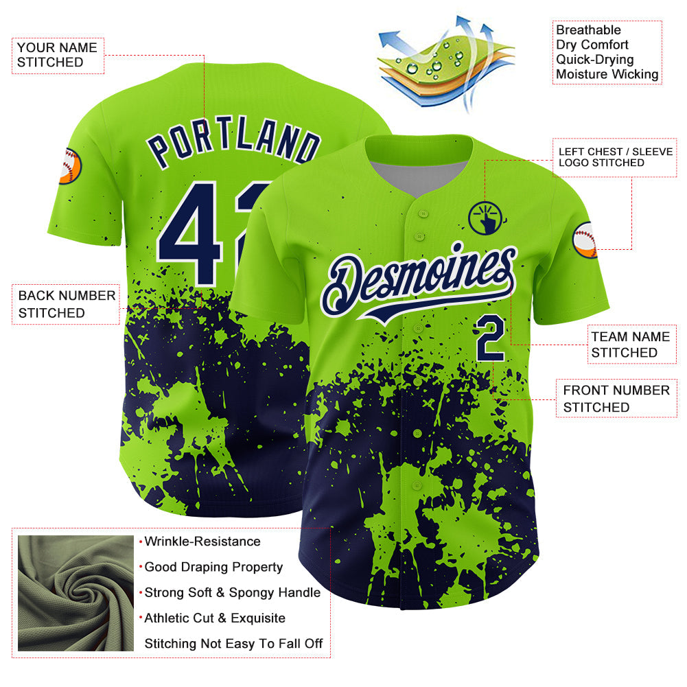 Custom Neon Green Navy-White 3D Pattern Design Abstract Splash Grunge Art Authentic Baseball Jersey - Sky-Custom