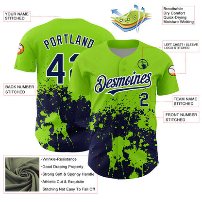 Custom Neon Green Navy-White 3D Pattern Design Abstract Splash Grunge Art Authentic Baseball Jersey - Sky-Custom