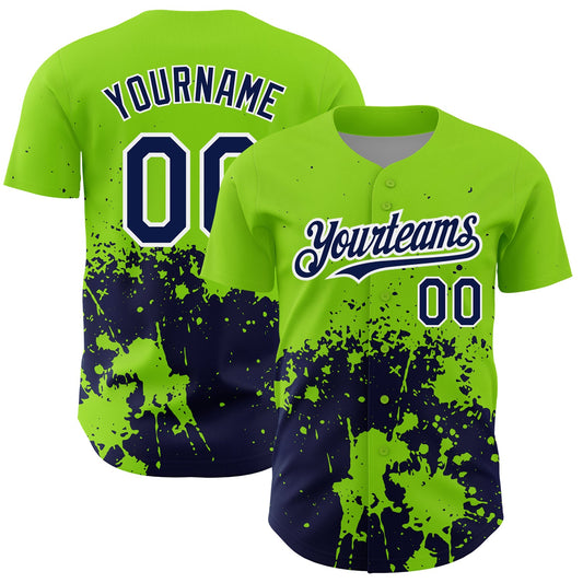 Custom Neon Green Navy-White 3D Pattern Design Abstract Splash Grunge Art Authentic Baseball Jersey - Sky-Custom