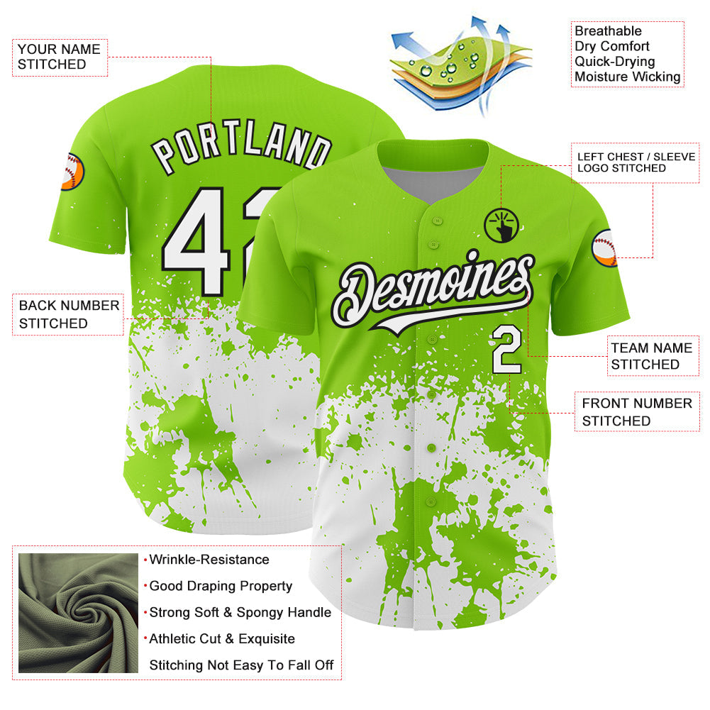 Custom Neon Green White-Black 3D Pattern Design Abstract Splash Grunge Art Authentic Baseball Jersey - Sky-Custom