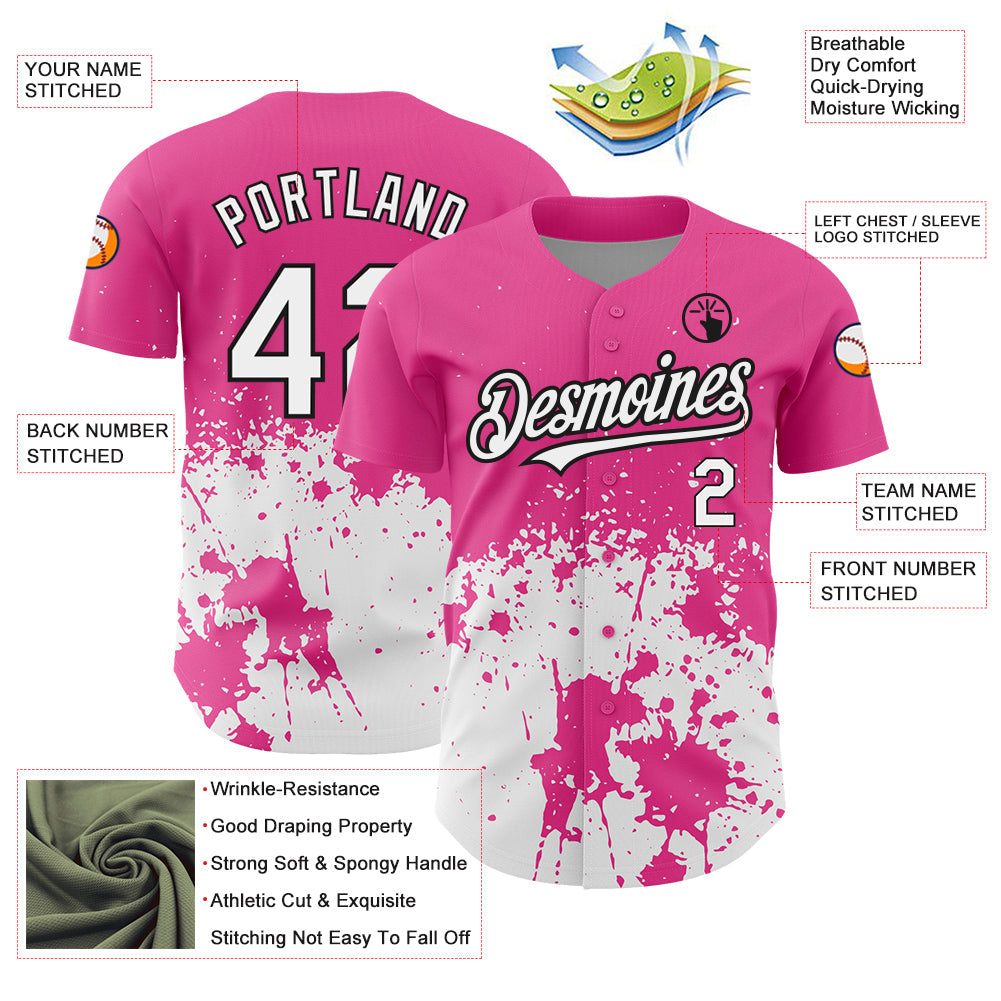 Custom Pink White-Black 3D Pattern Design Abstract Splash Grunge Art Authentic Baseball Jersey - Sky-Custom