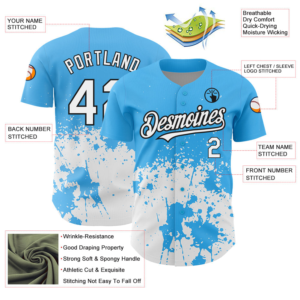 Custom Sky Blue White-Black 3D Pattern Design Abstract Splash Grunge Art Authentic Baseball Jersey - Sky-Custom