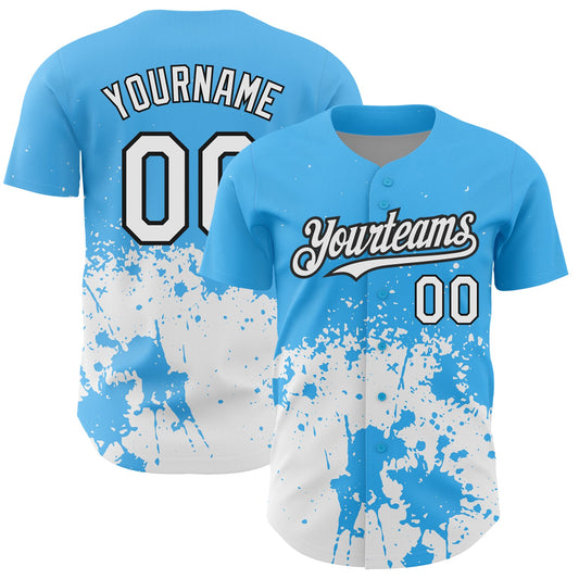 Custom Sky Blue White-Black 3D Pattern Design Abstract Splash Grunge Art Authentic Baseball Jersey - Sky-Custom