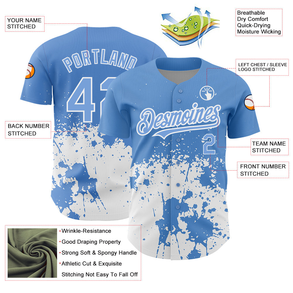 Custom Light Blue White 3D Pattern Design Abstract Splash Grunge Art Authentic Baseball Jersey - Sky-Custom