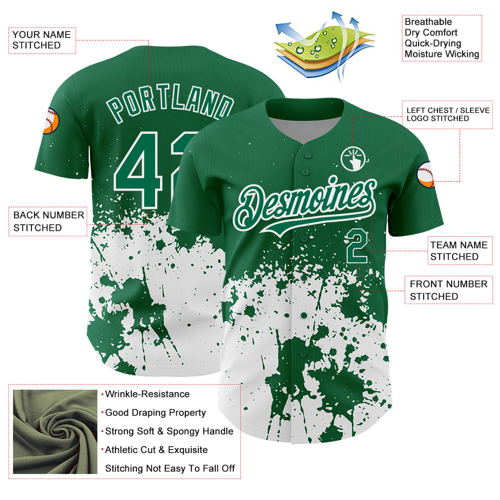 Custom Kelly Green White 3D Pattern Design Abstract Splash Grunge Art Authentic Baseball Jersey - Sky-Custom